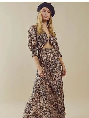 Free People Black and Cream Floral Cutout Tie Maxi Dress